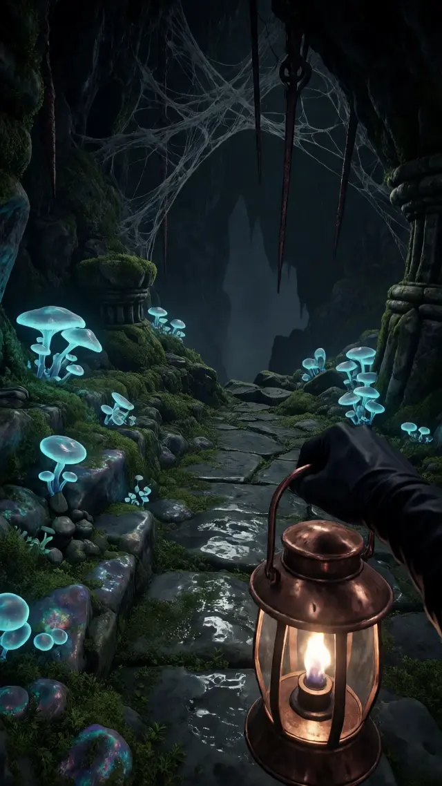 Referência-semente — a cena definida: mão enluvada e lanterna de cobre em Moss Grotto