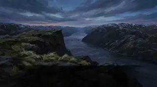 Windy cliff above the fjord at twilight — scene background