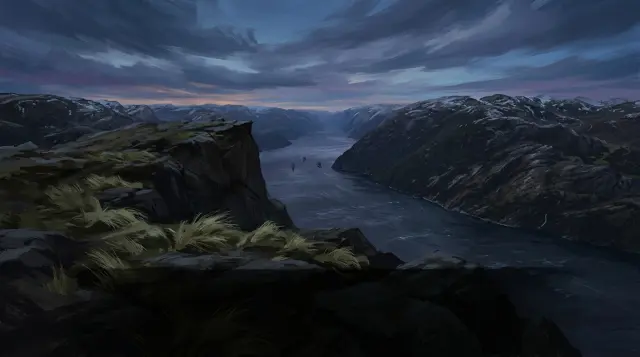 黄昏时峡湾上方风势强劲的悬崖——场景背景