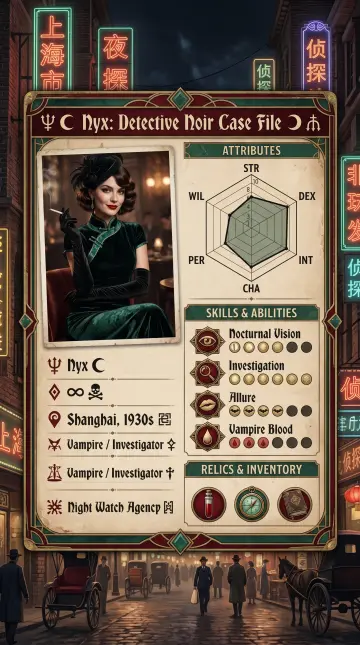 Charakter-Profilkarte: Noir-Detektiv — Nyx, Shanghaier Vampir-Detektivin