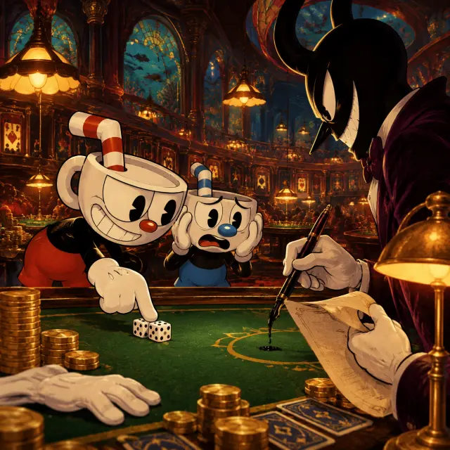 테이블에서의 밤 — Cuphead & Mugman 키 비주얼 (GPT Image 2)