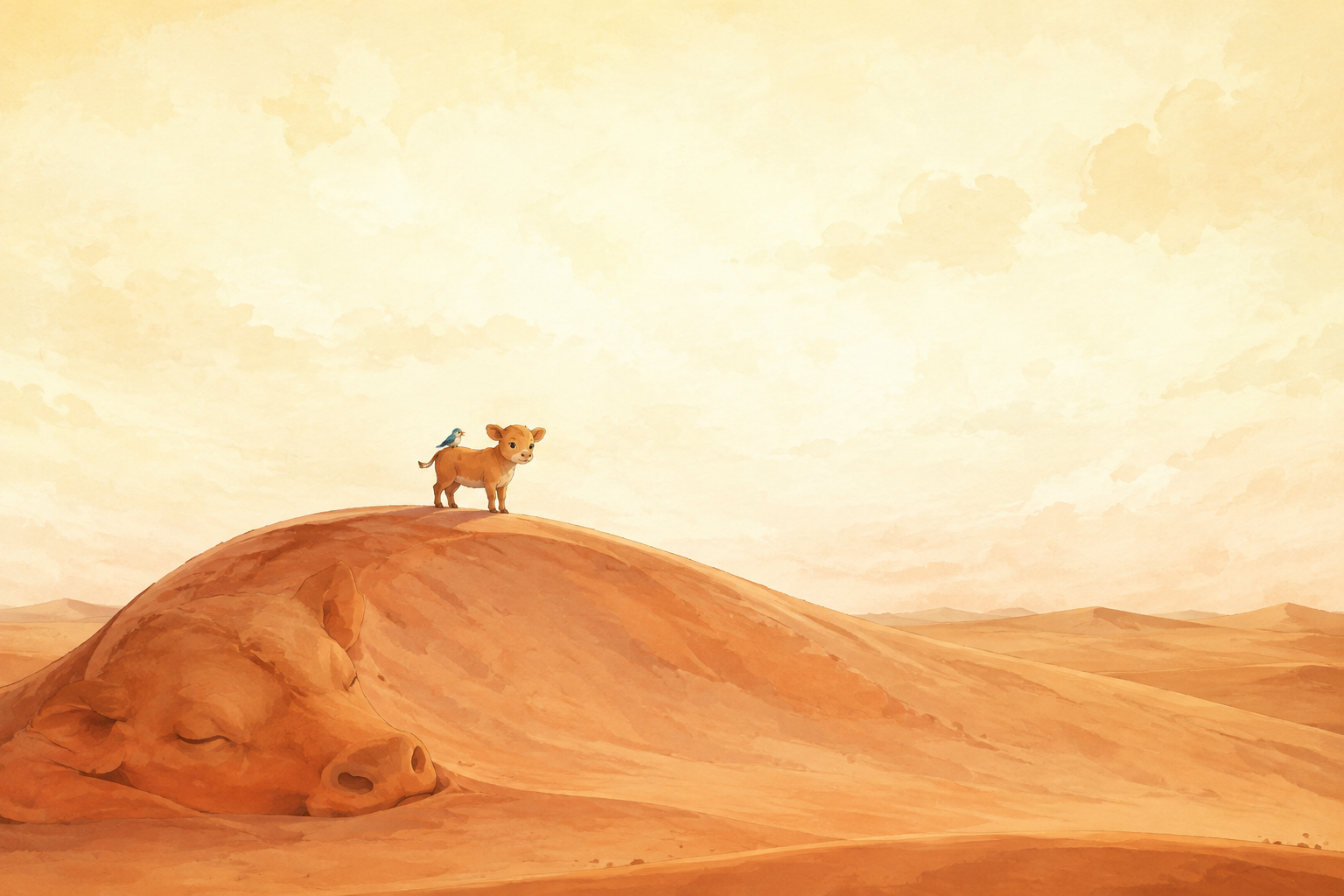 Niu Lai world key visual by GPT Image 2 — the newborn calf and the cloudbird on the sleeping dune