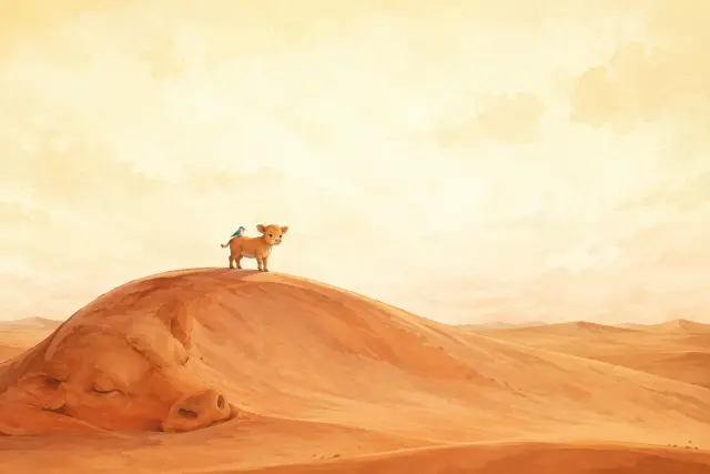 Niu Lai world key visual by GPT Image 2 — the newborn calf and the cloudbird on the sleeping dune