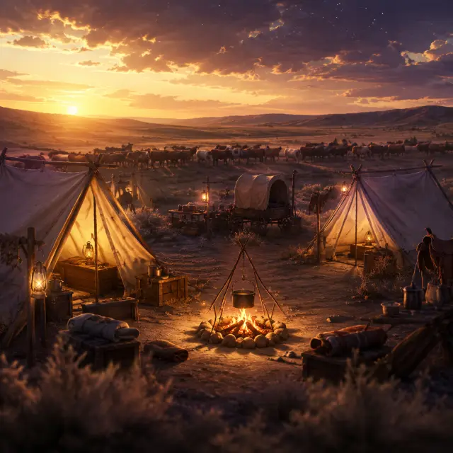 Fondo de escena — el campamento de línea del arreo de ganado