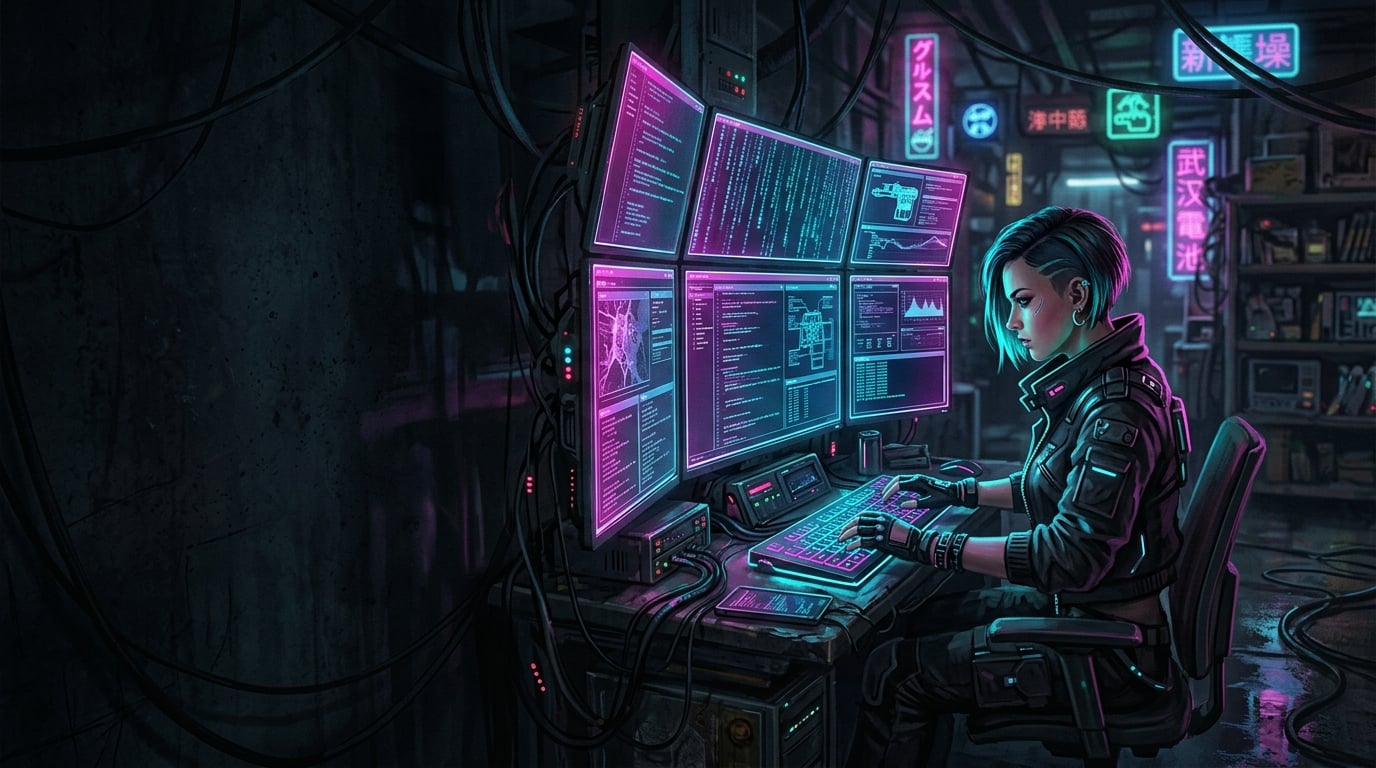 Fondo del título — terminal de hacker ciberpunk