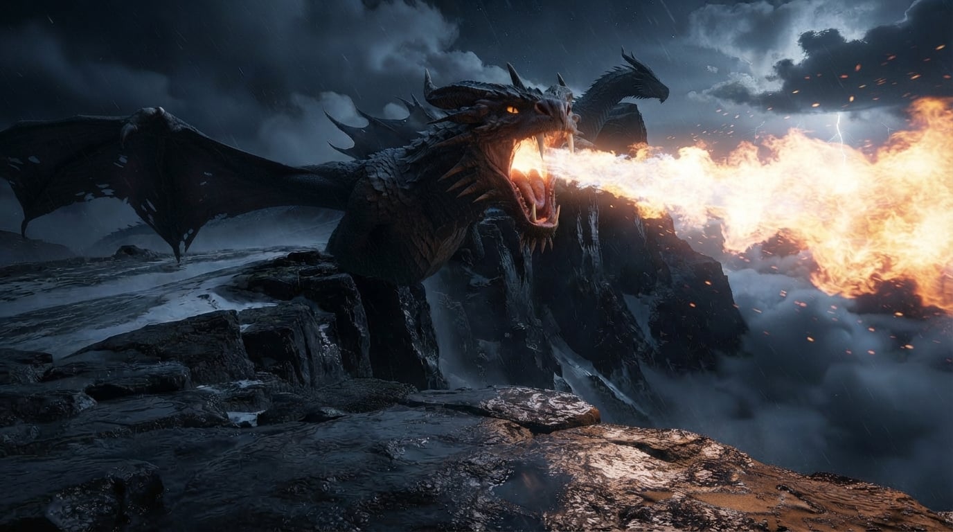 Referenz — das Feuerbild, der Drache, der Feuer über den Nachthimmel speit