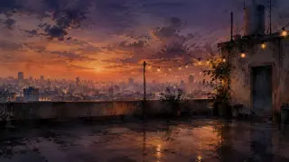 Scene background — the city rooftop at dusk