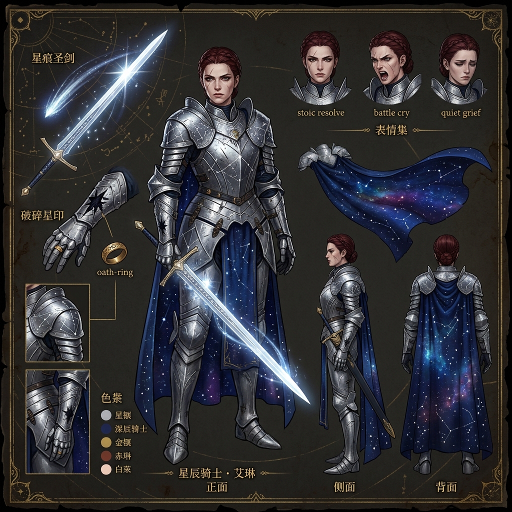 Character Design Sheet — sample, Star Knight Lady Aelin