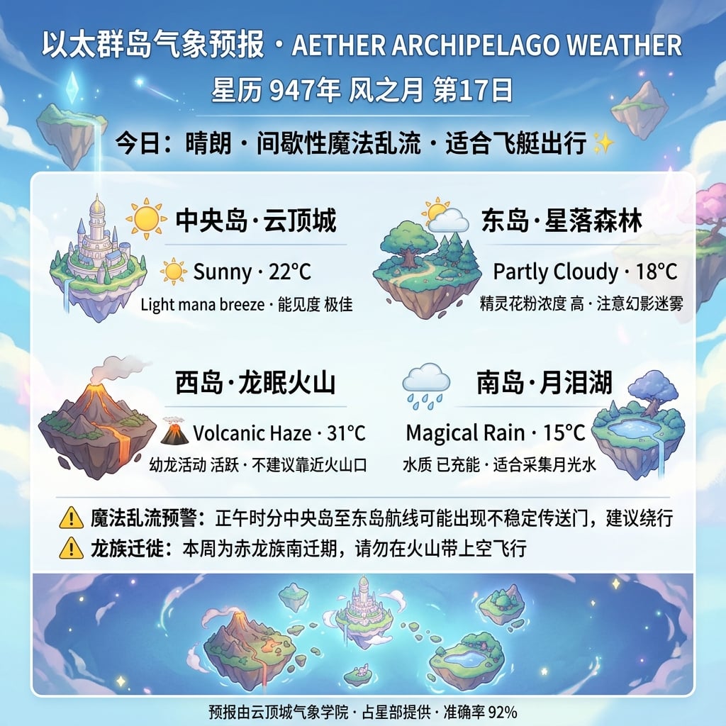 Bulletin Climatique de l'Archipel d'Éther — Affiche Météo Fantastique pour Mondes d'Îles Volantes