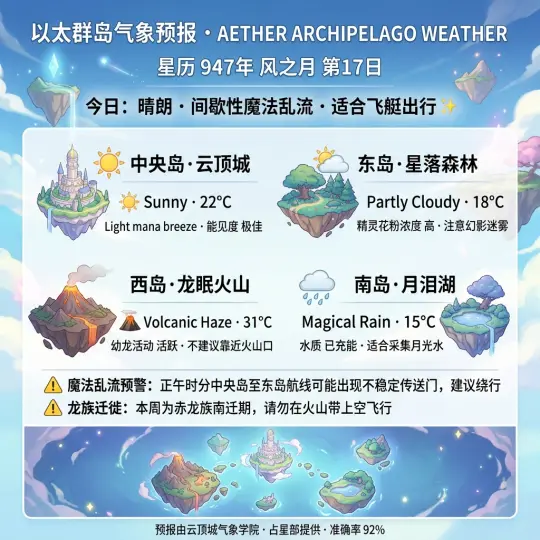 AI 애니메이션 파티클 이펙트 제작 도구 — Worldview 데일리 웨더 포스터: 플로팅 아일랜드, 환경 장면 속 기상 파티클