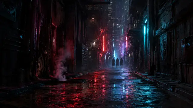 Szenenhintergrund — die Neon-Gasse, in die die Spur führt