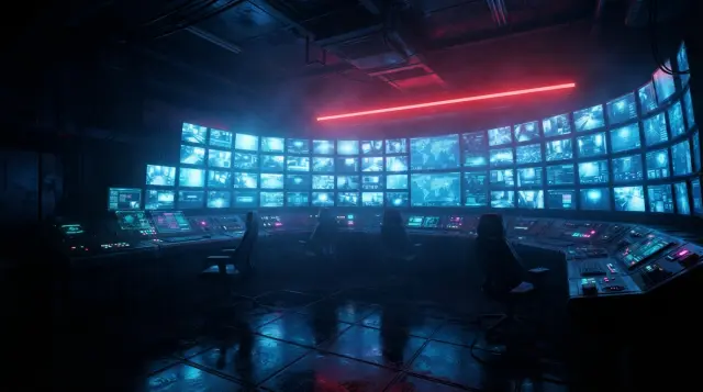 La sala de monitoreo de seguridad de NEXUS — arte de escenario de Cyberpunk Heist