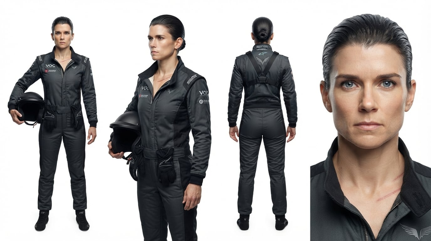 Image de référence — vue triple de la combinaison de course de Danica Shelby