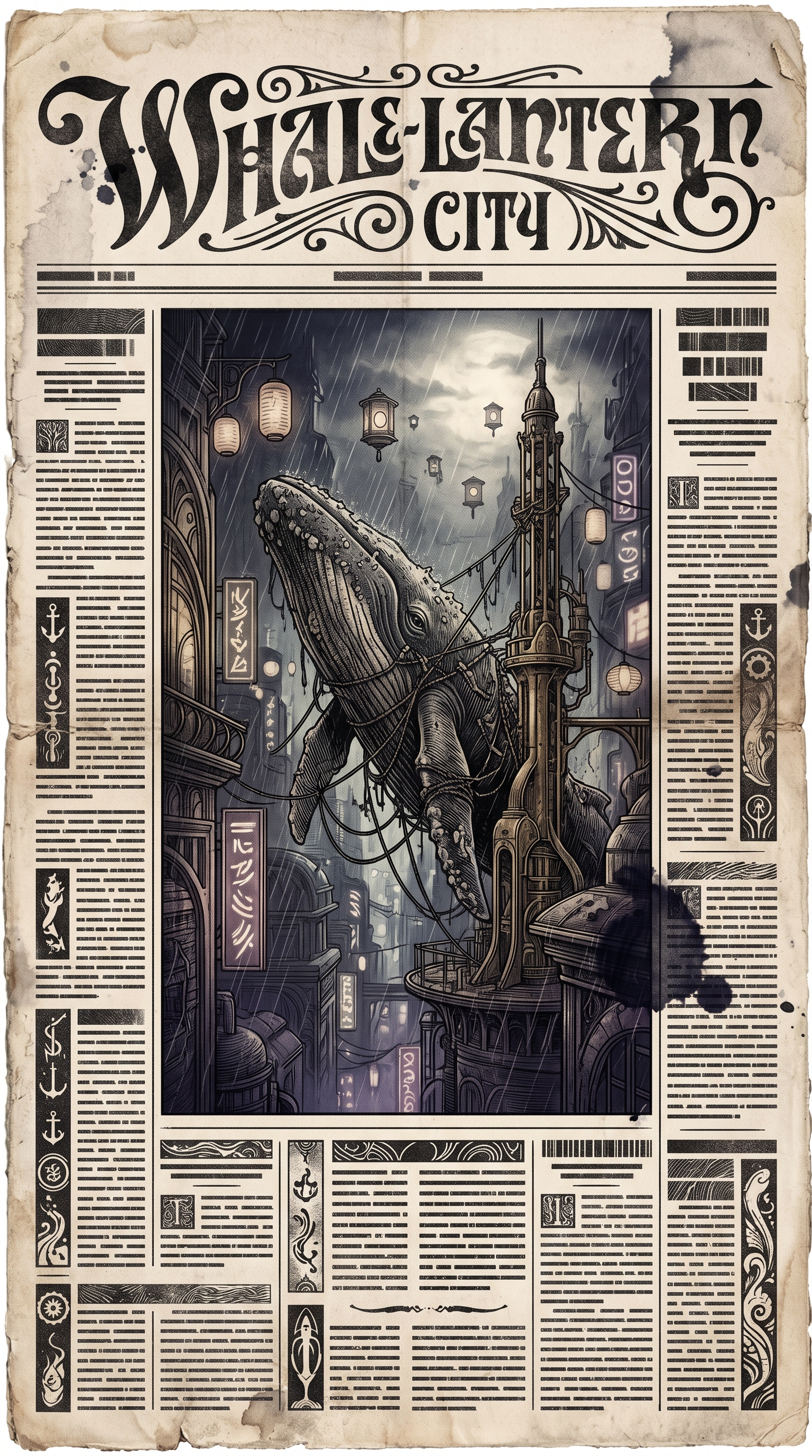 Periódico histórico — muestra, aterrizaje de la ballena del cielo en Whale-Lantern City