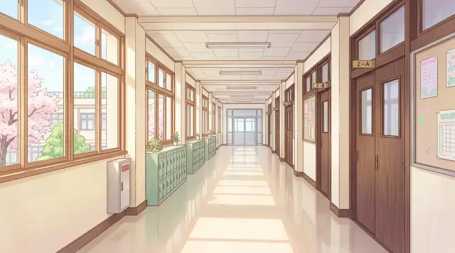 April Lie: First Duet — junior high school corridor in soft afternoon light