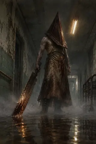 Pyramid Head — The Executioner key visual in a flooded Brookhaven corridor (GPT Image 2)