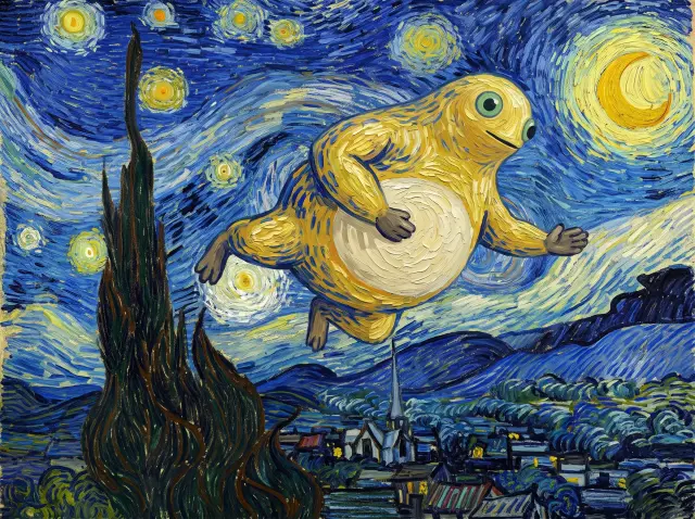 The Starry Frog Night — the milk frog over van Gogh’s village
