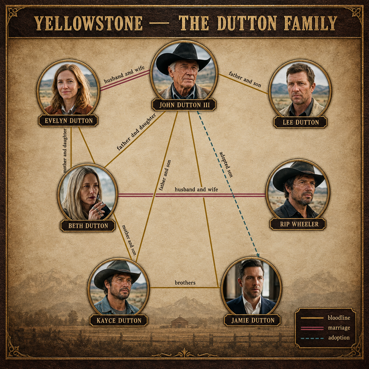 Árvore genealógica de Yellowstone — As redes Dutton, Beth & Rip, Kayce ...