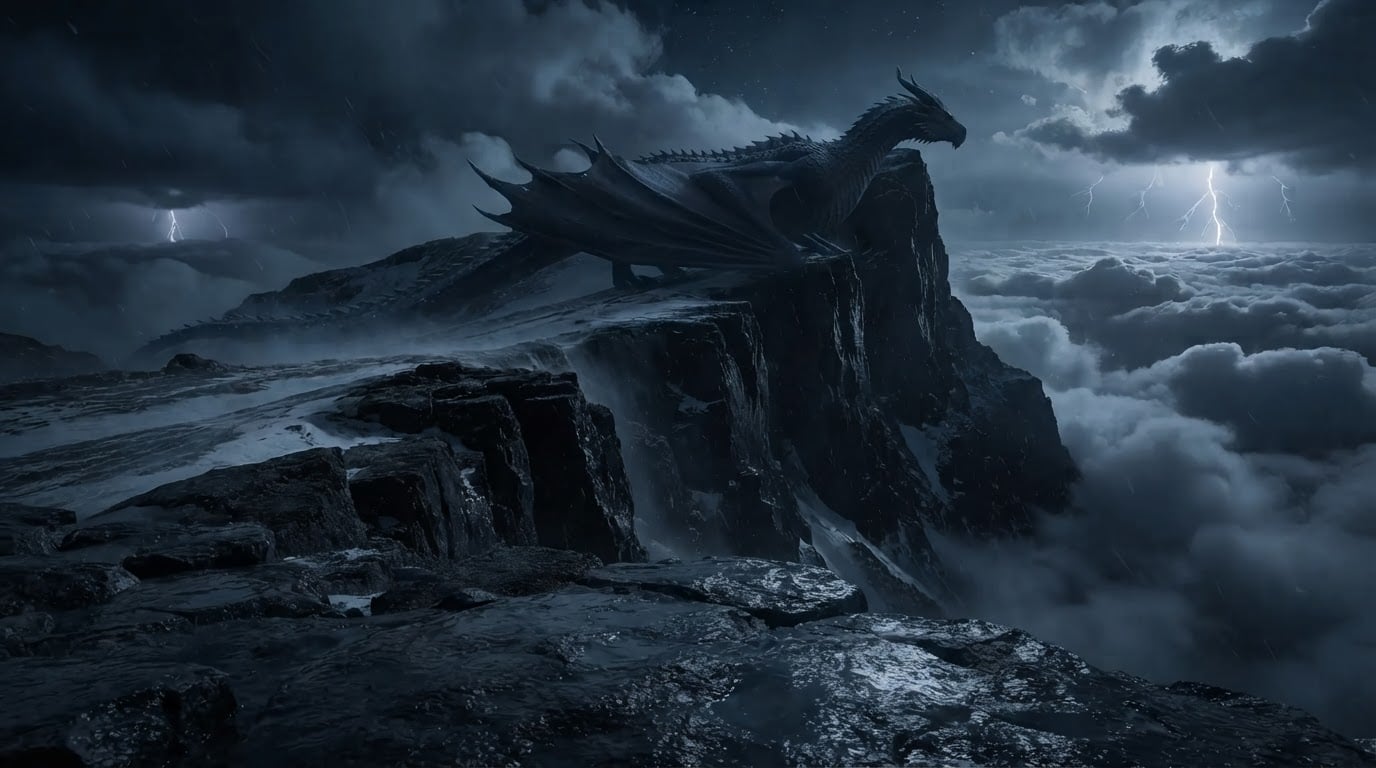 Referenz — das Eröffnungsbild, der schwarze Drache als Berggrat des Gipfels