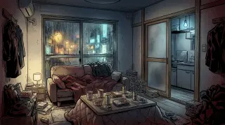 夜间狭窄的公寓客厅 —— 场景背景