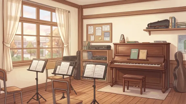 AI otome game scene — after-school music studio with upright piano, April Lie: First Duet