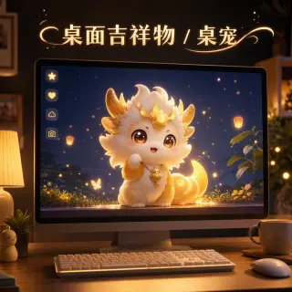 模板展示——桌面吉祥物／桌寵，一隻在發光螢幕裡的金色巨龍桌寵
