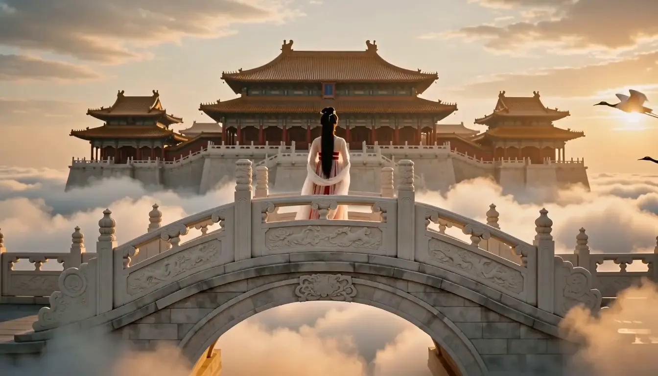 MiniMax-H3 output first frame — red hanfu woman on bridge with golden palace