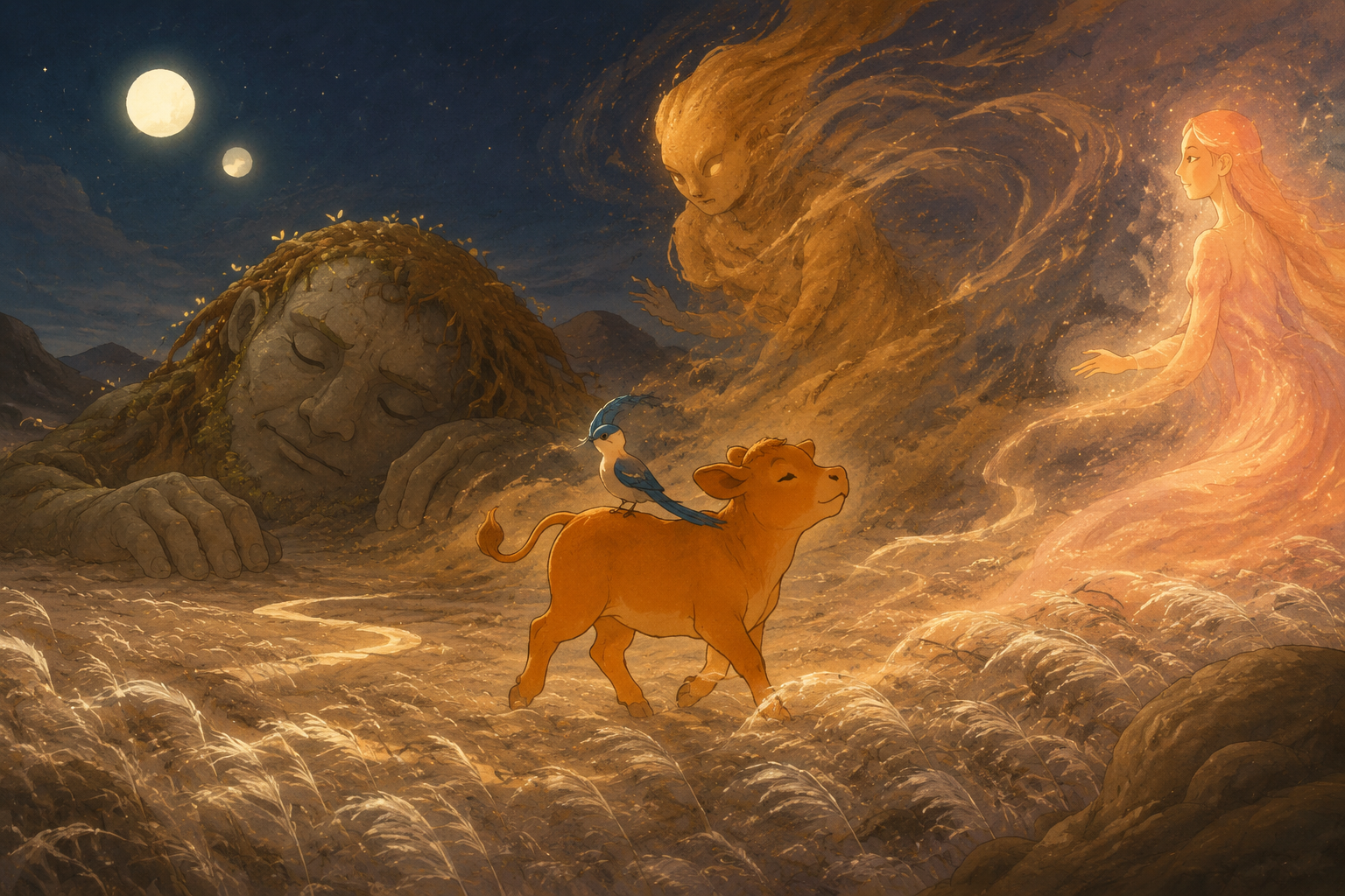 Niu Lai Dream Plain key visual by GPT Image 2 — the Three Calls beneath two moons