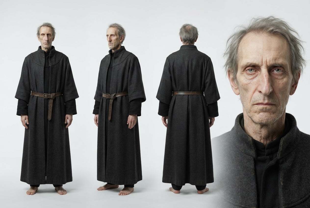 Referenzbild — das Charakterblatt des Professors, drei Ansichten plus Gesichtsnahaufnahme