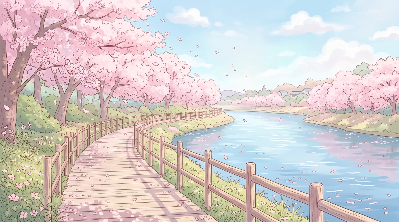 Kirschblüten am Flussufer – Hintergrund
