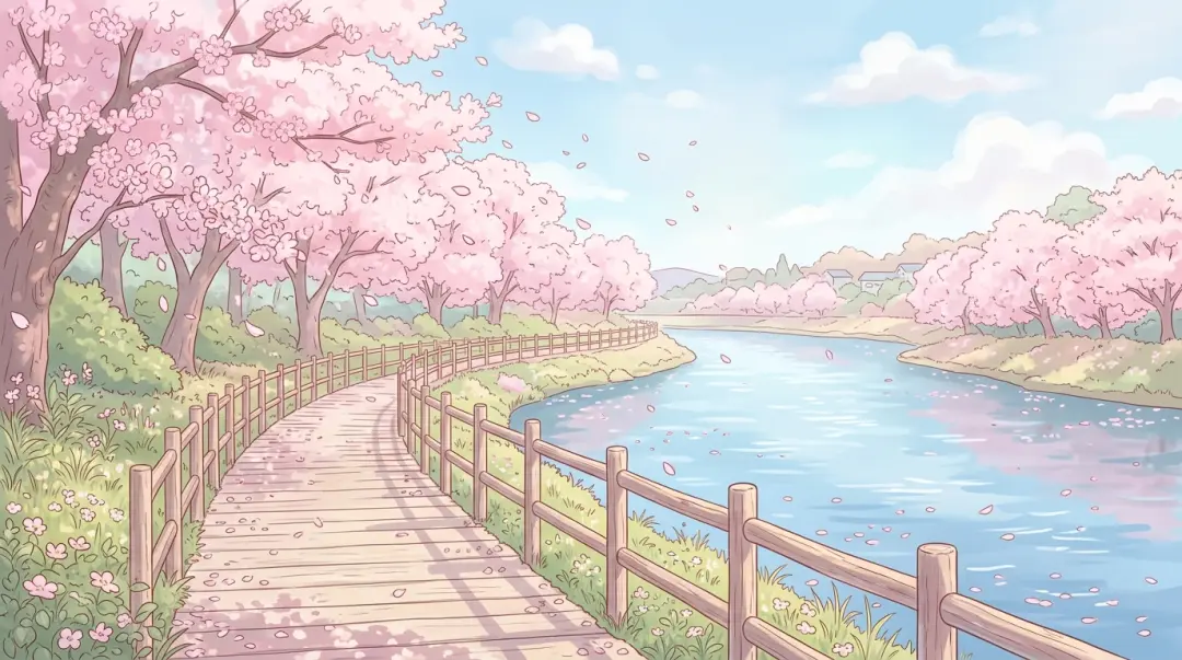 AI otome game art — riverside cherry blossoms falling over a calm blue river, April Lie: First Duet