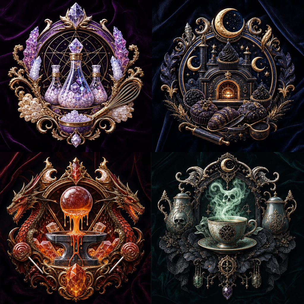 Example — four magical dessert guild emblems