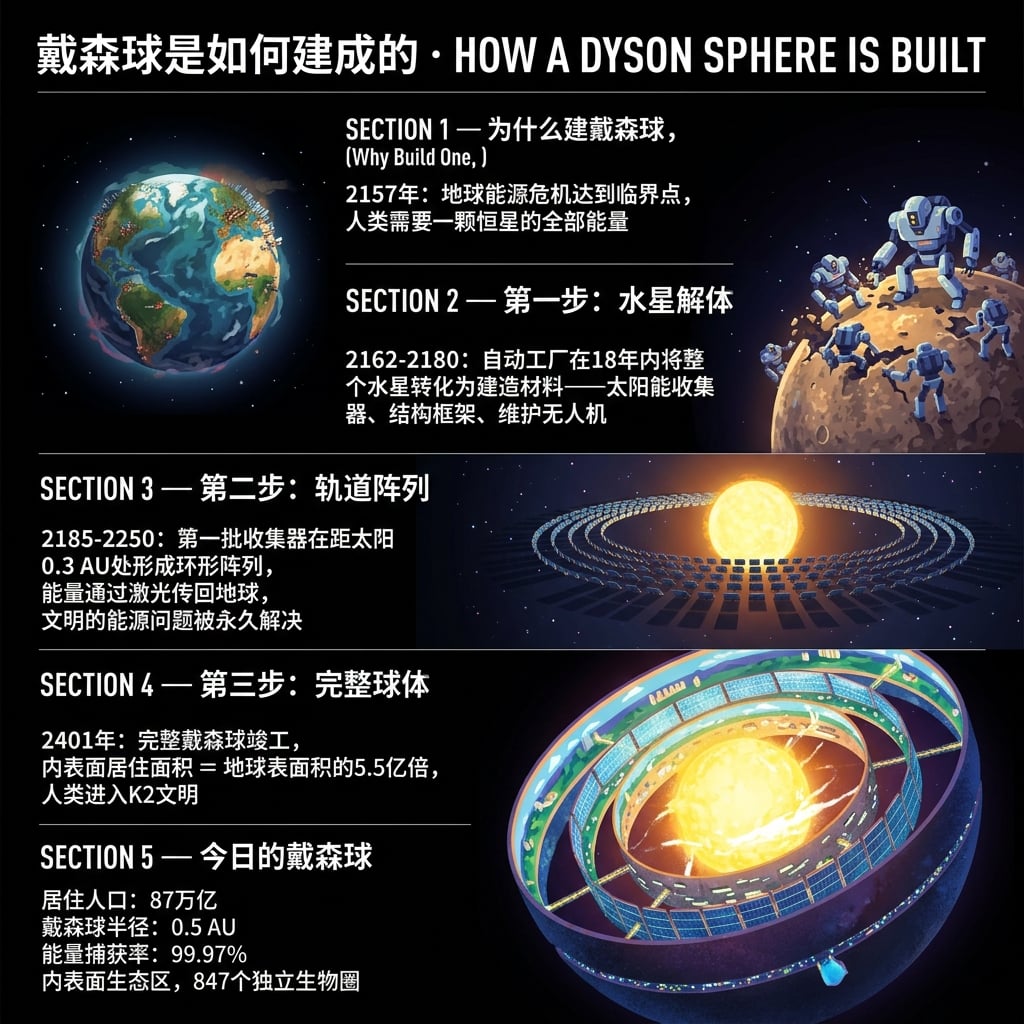 Infographie pédagogique : les étapes de construction d'une sphère de Dyson