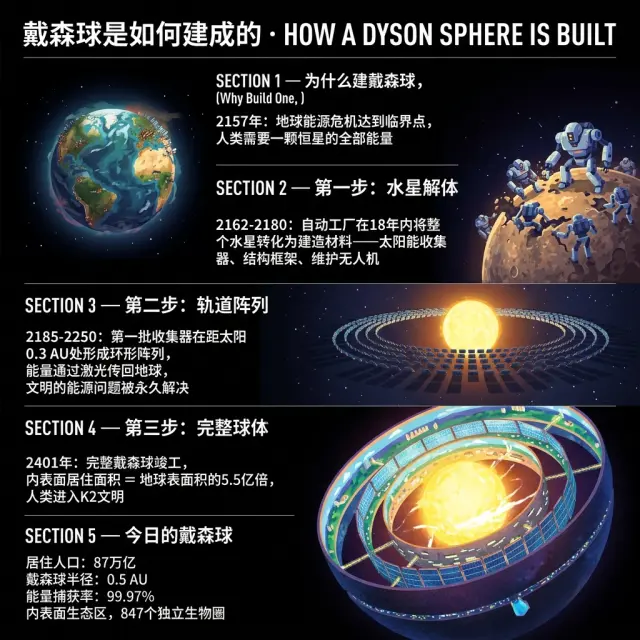 Infographie pédagogique : les étapes de construction d'une sphère de Dyson