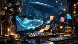 範例——鯨燈之城工作空間裡，一隻發光的天空鯨魚桌面吉祥物
