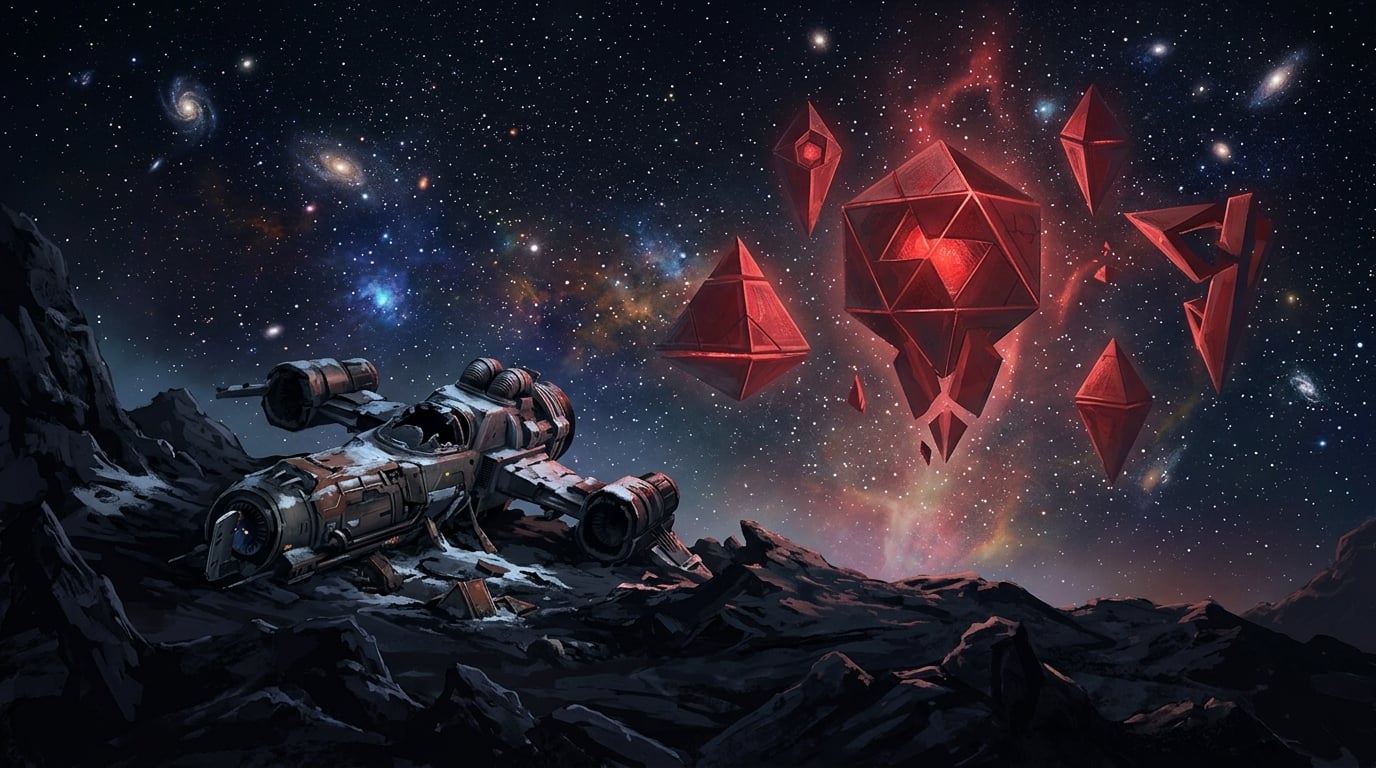 Title background — starfield over a broken starship