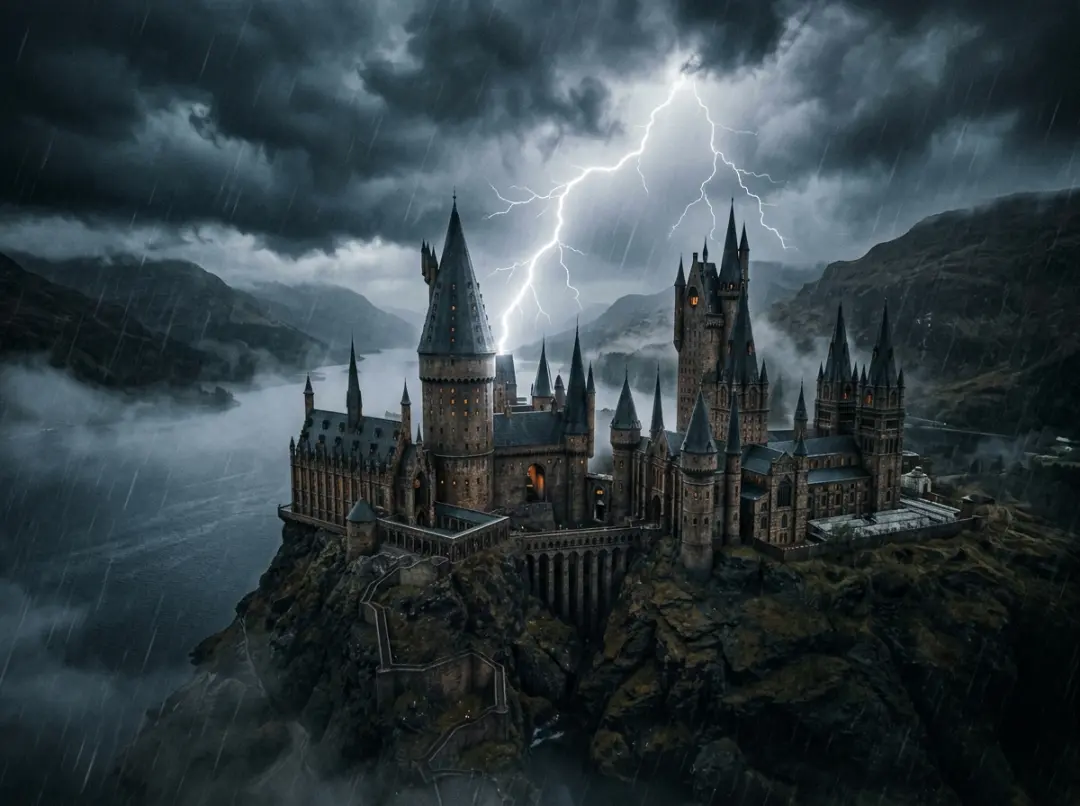 Harry Potter — Hogwarts Castle under a dramatic storm sky