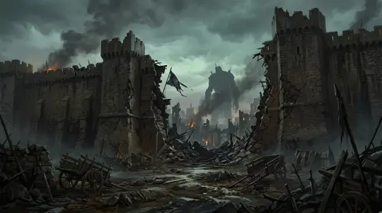 Attack on Titan — cinematic title key art, dusk over the ruined outer district