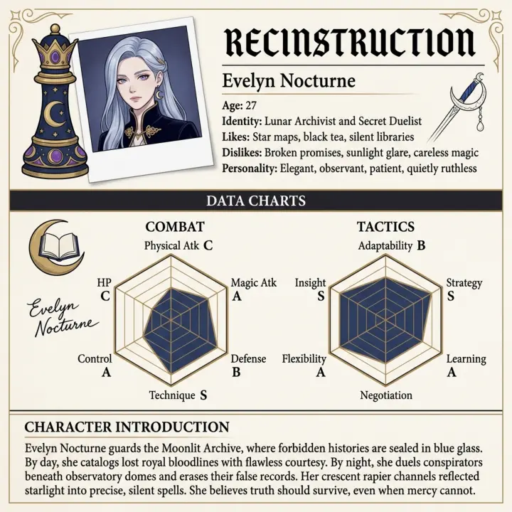 KI-Anime-Charaktergenerator — Charakter-Profilkarte: Archivdossier (Evelyn Nocturne)