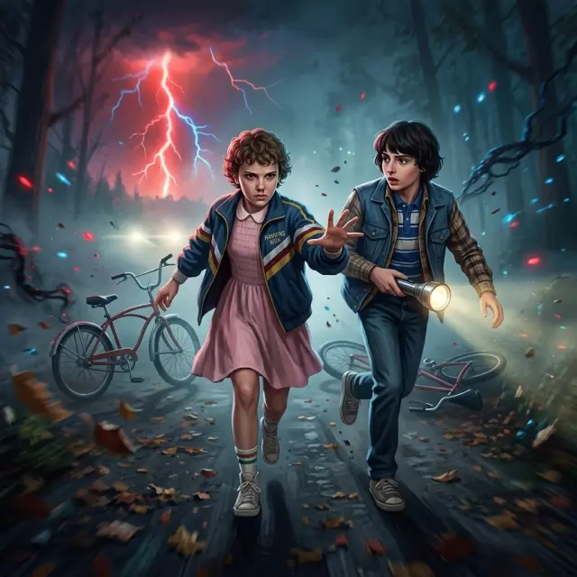 미르크우드 숲을 달리는 아이들 — Stranger Things 호킨스의 장면 아트