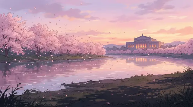 April Lie: First Duet — riverside at dusk under falling cherry blossoms