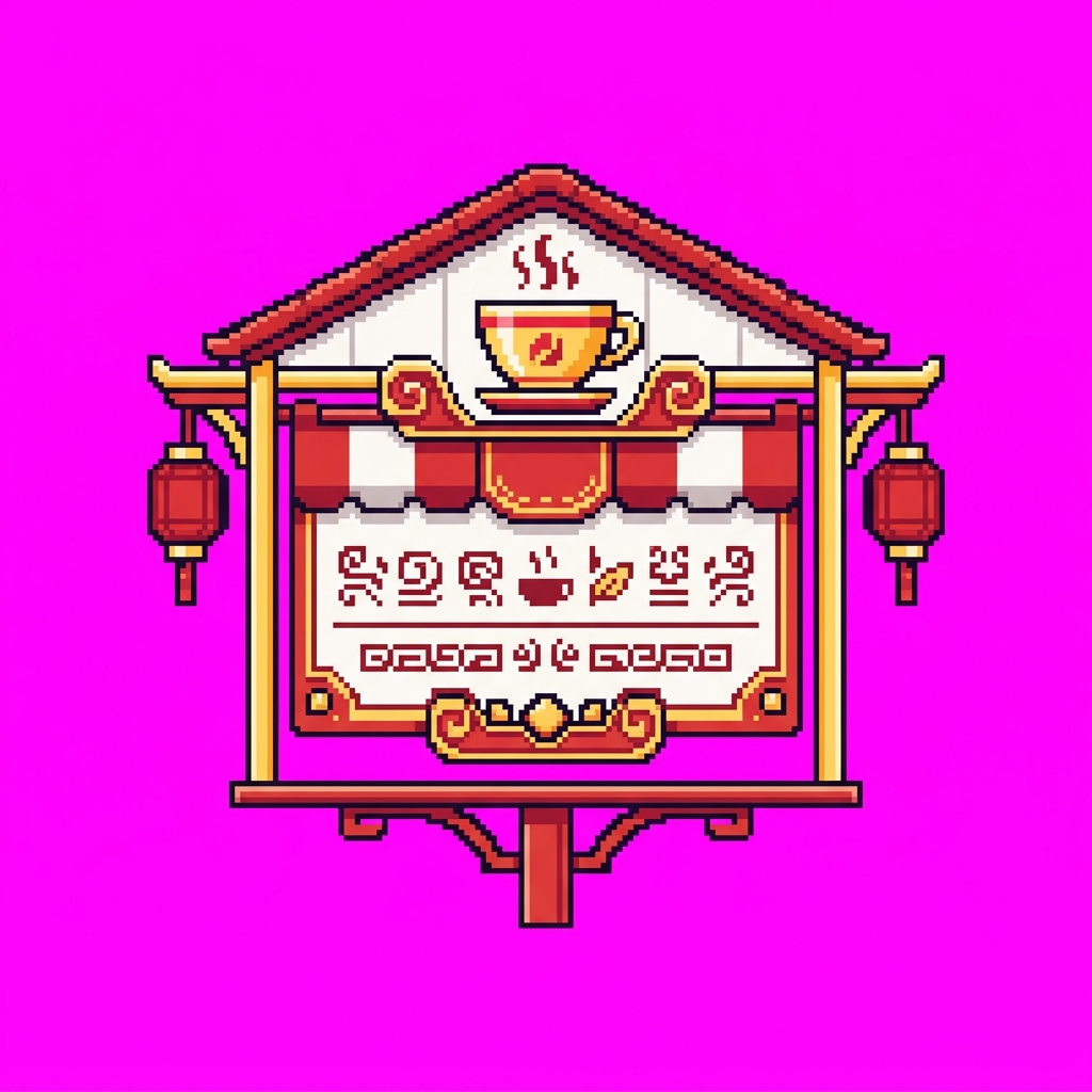 Pixel Snow King Ice City — letrero de la tienda de té
