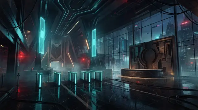 El atrio del vestíbulo corporativo de NEXUS — arte de escenario de Cyberpunk Heist