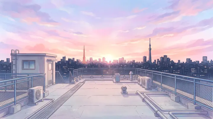 Sailor Moon Simulator — school rooftop at soft pink dawn