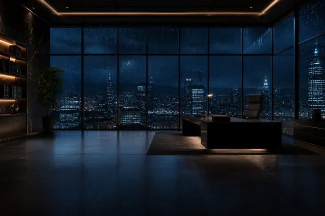 Szenenhintergrund — Lukes Büro über der Stadt