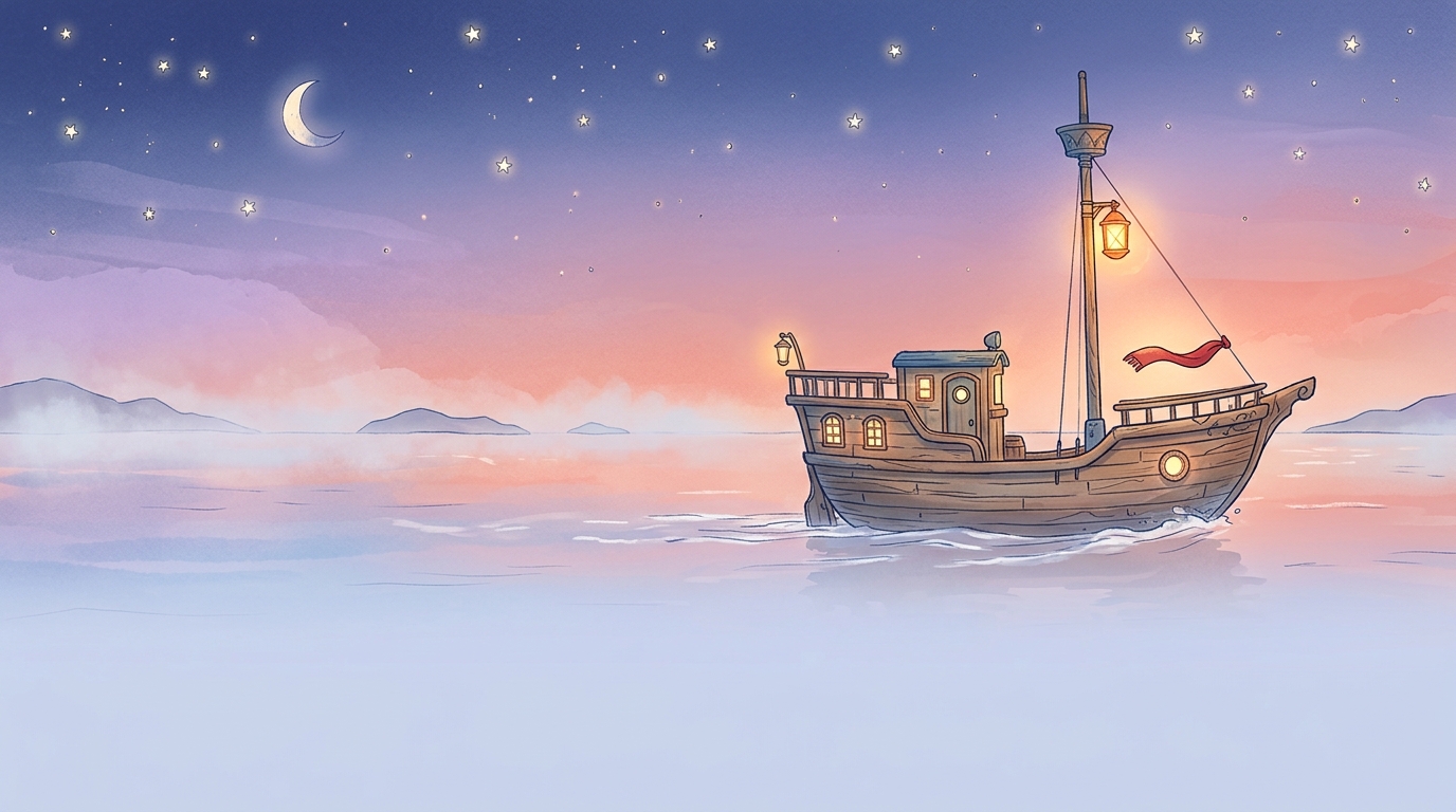 Titelhintergrund – Geisterboot auf einem Ozean in der Dämmerung