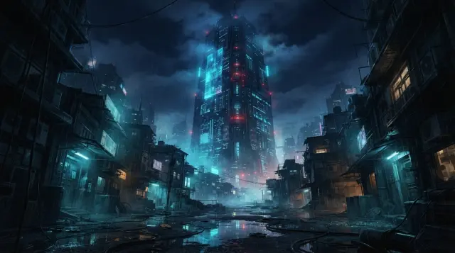 La megatorre de NEXUS de noche bajo la lluvia — arte de escenario de Cyberpunk Heist