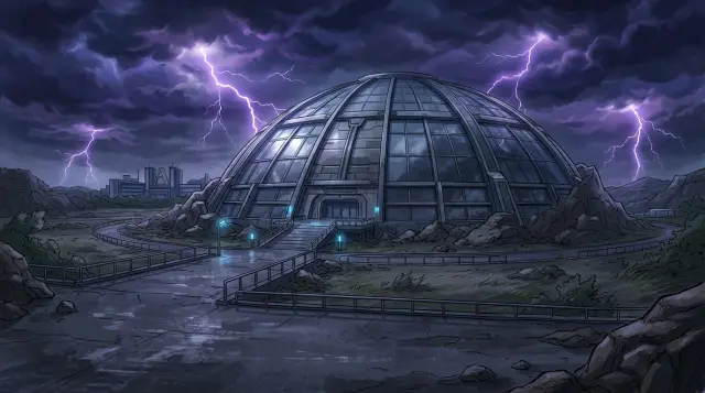 My Hero Academia — U.S.J. glass dome under purple lightning