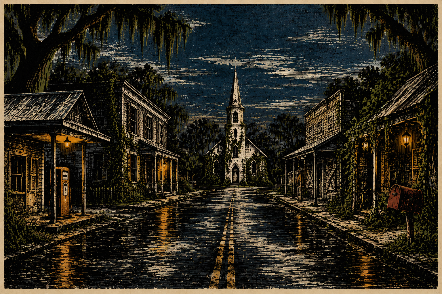 Fotograma de referencia — calle principal vacía al atardecer
