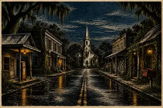 Referenzbild — leere Hauptstraße in der Dämmerung